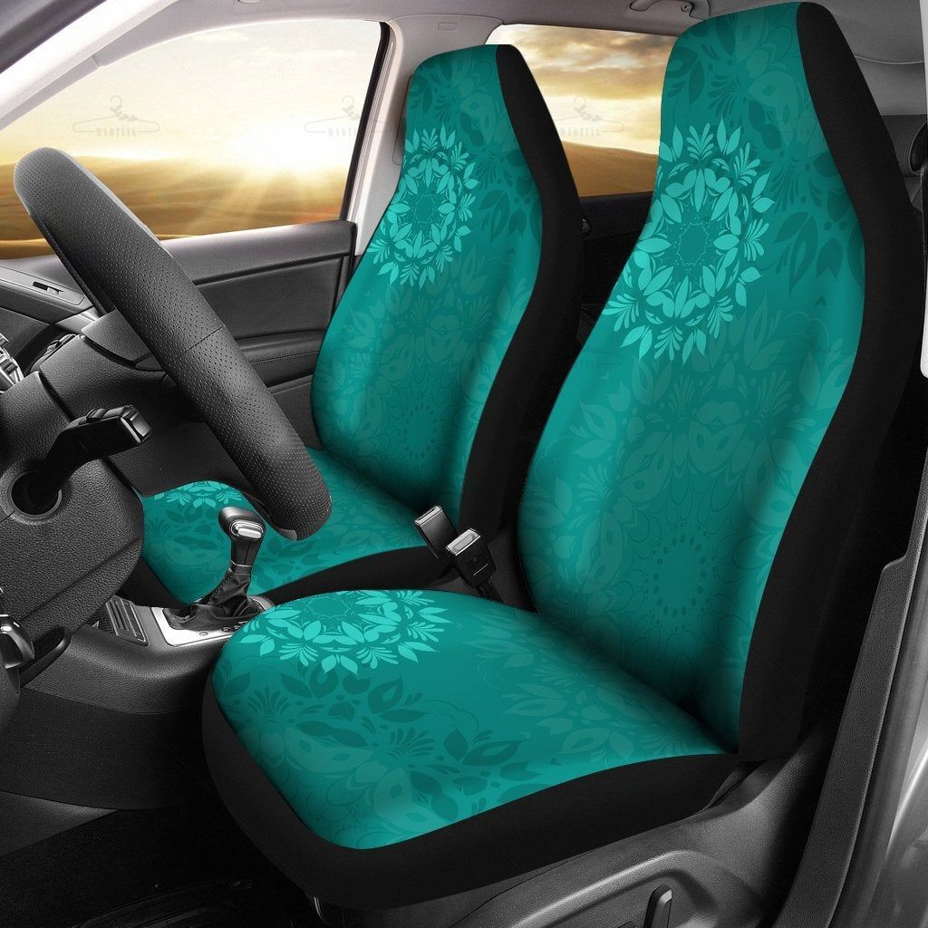 Light Green Teal Mandalas Car Seat Covers Pair, 2 Front Car Seat Covers, Seat Cover For Car, Car Seat Protector, Car Accessory