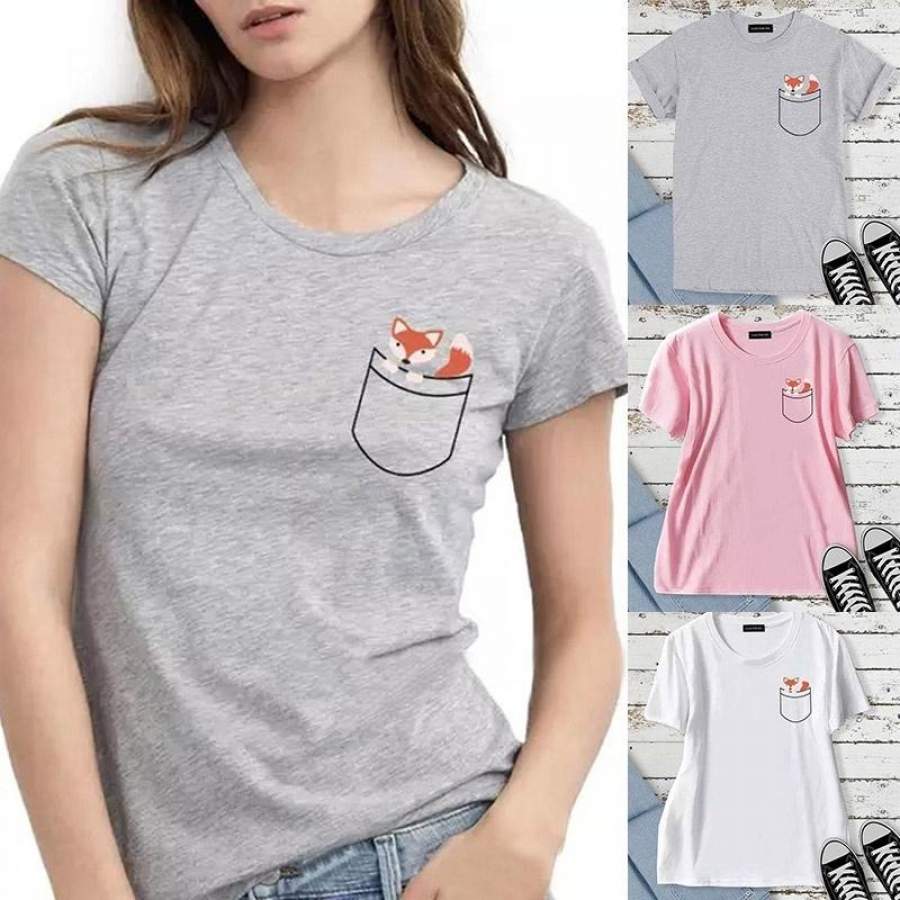 Women Summer New Fashion Cute Pocket Animal Printed T-Shirt Tops Short Sleeve O Neck Casual Fitness Blouse Tees