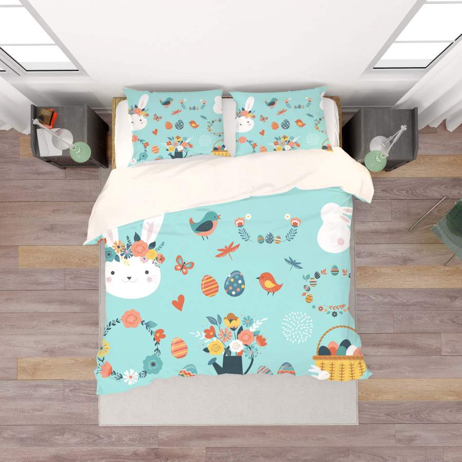 3D Blue Rabbit Birds Floral Eggs Basket Butterfly Quilt Cover Set Bedding Set Duvet Cover Pillowcases SF46