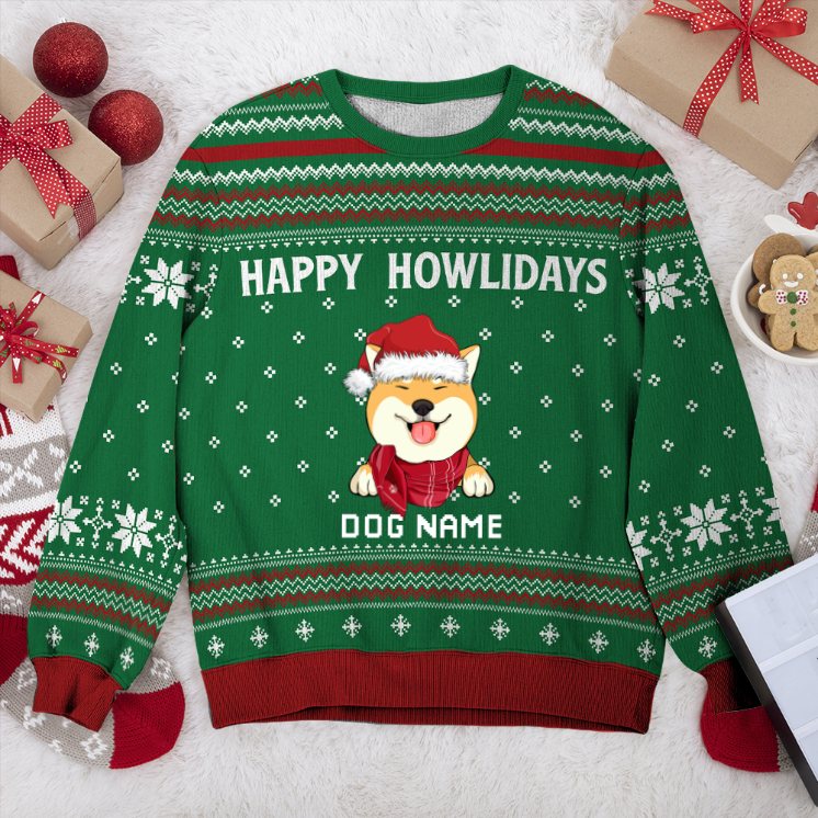 Shiba Inu Happy Howlidays Personalized Sweater, Dog Ugly Christmas Sweater