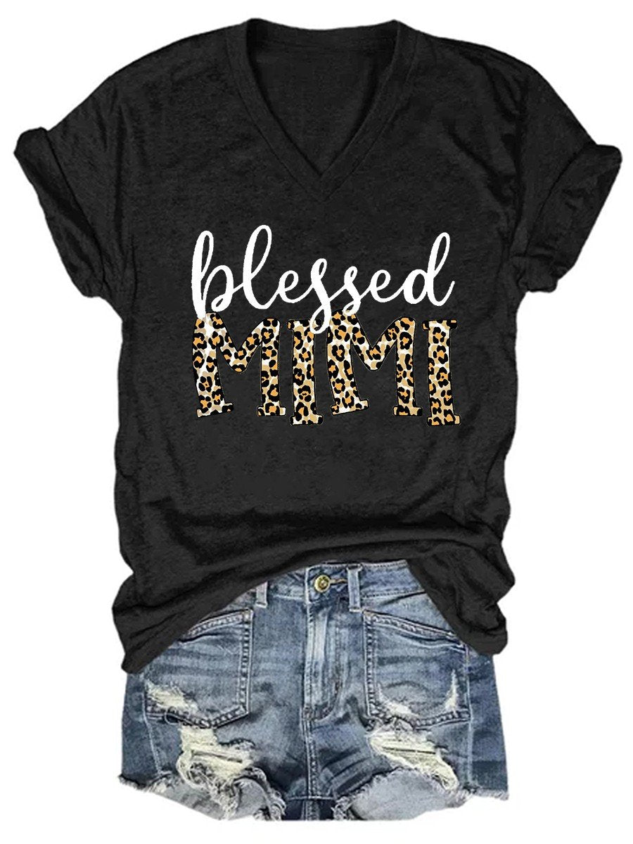 Women’S Blessed Mimi Leopard Print  V-Neck T-Shirt