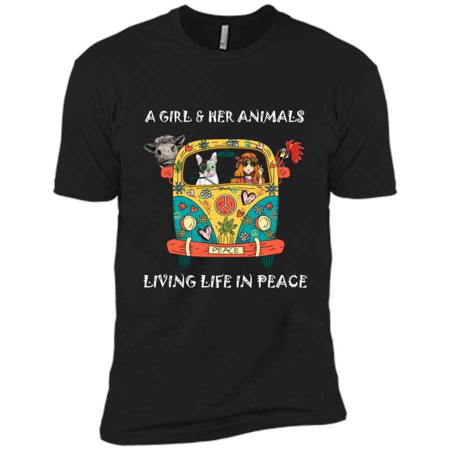 A Girl And Her Animals Living Life In Peace, Hippie Car Heifer Chicken Dog Lover – Canvas Unisex USA Shirt