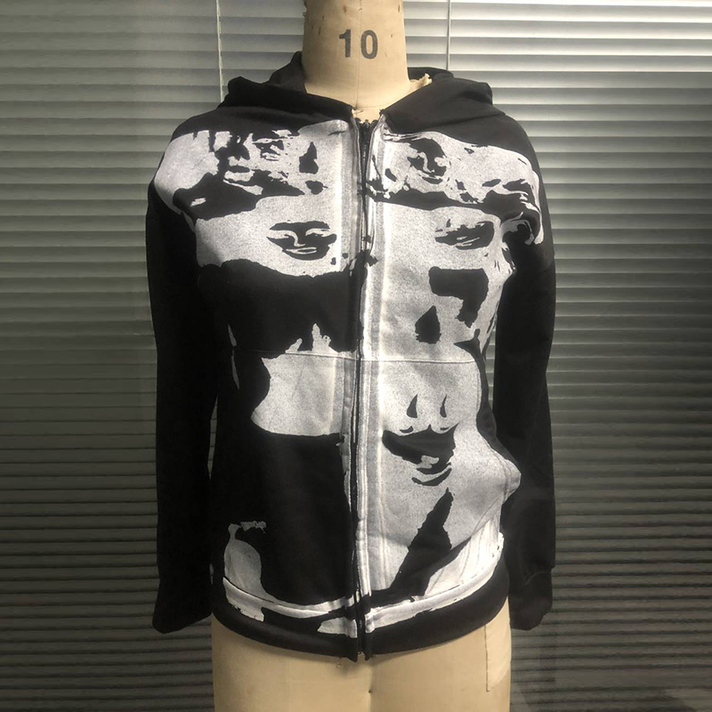 Autumn Spring Hoodie Zip Up Sweatshirts Women Casual Long Sleeve Portrait Print Loose Fit Crop Tops Female Coat Outerwear Jacket alx