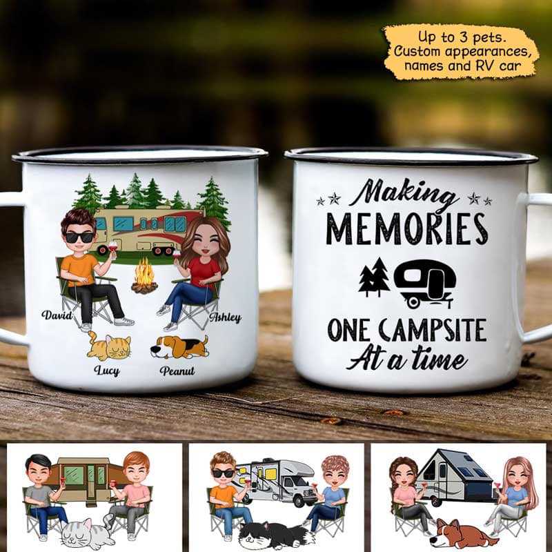 Doll Couple Camping With Dogs Cats Personalized Campfire Mug