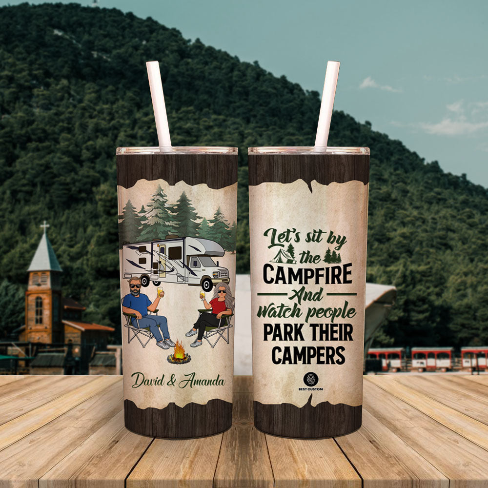 Husband & Wife Camping Let’S Sit By The Campfire – Personalized Skinny Tumbler – Gift For Couple