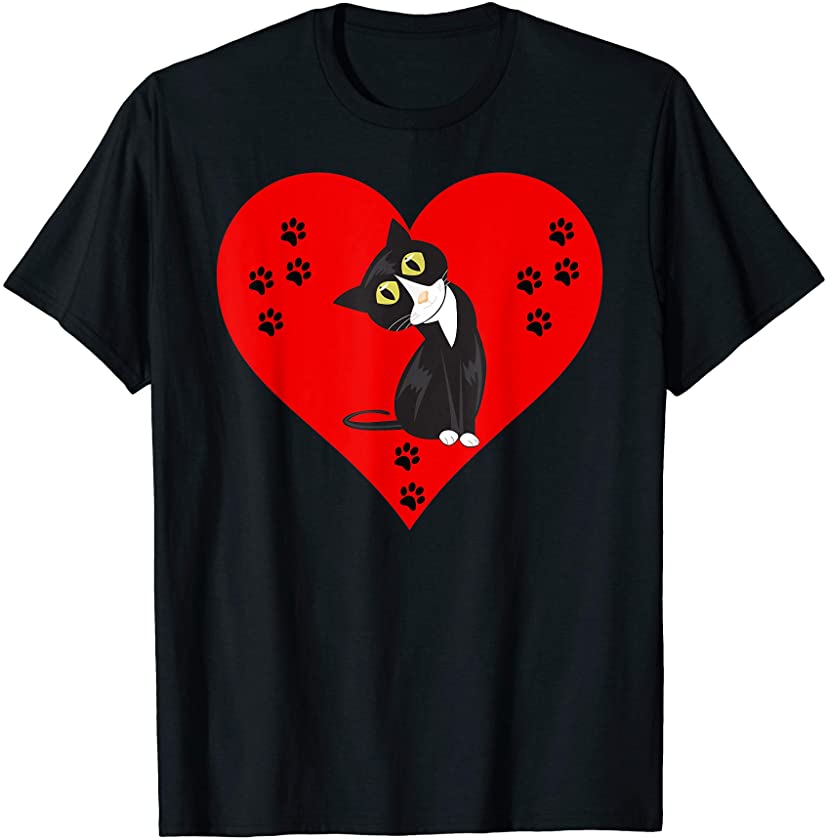 Tuxedo Cat Valentine’s Day Heart for Kitten Animal Lovers T-Shirt