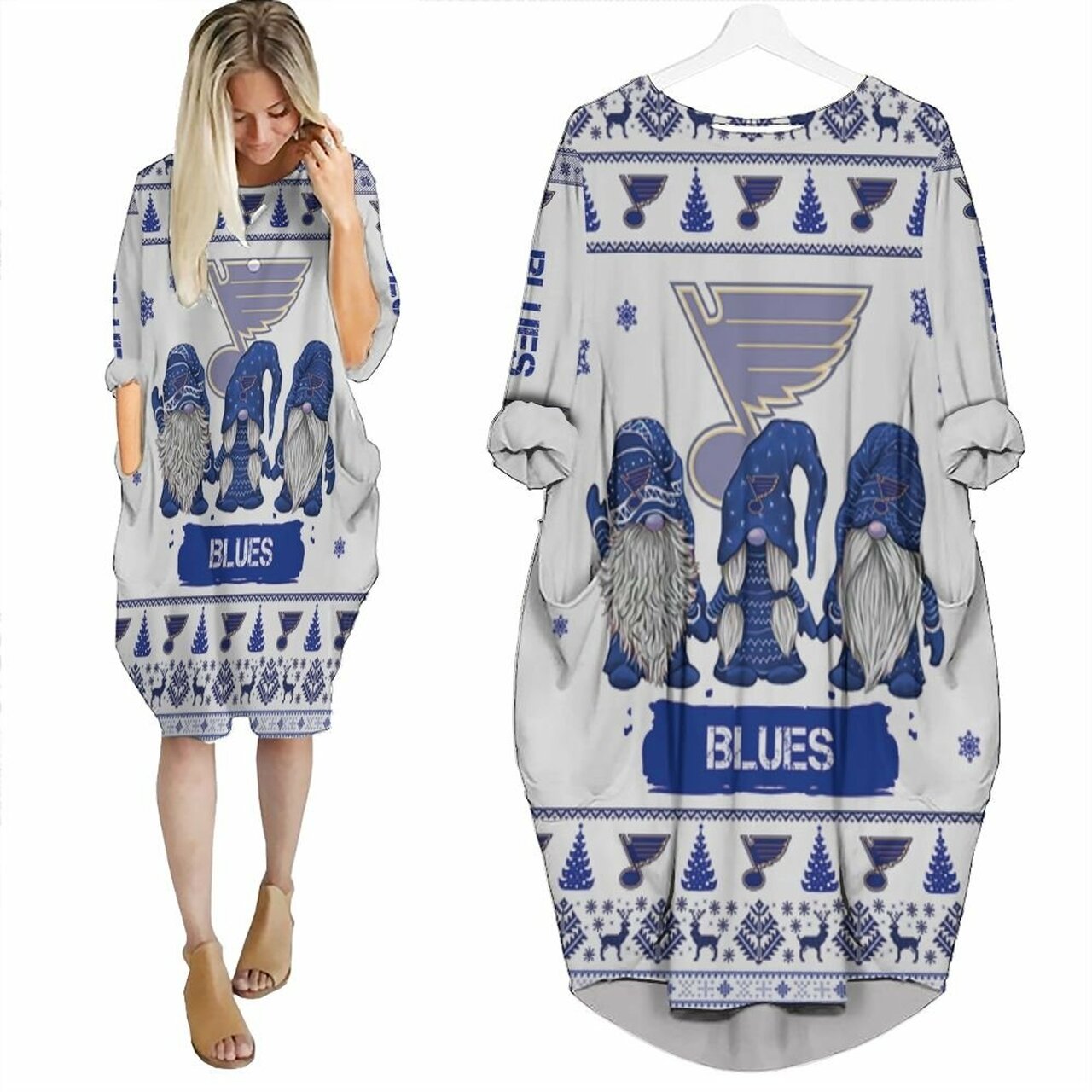 Christmas Gnomes St. Louis Blues Ugly Sweatshirt Christmas 3D Batwing Pocket Dress Model A29729