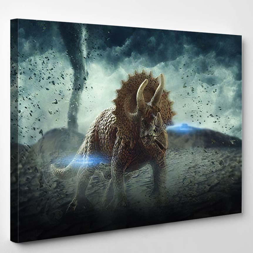 3D Storm Landscape Dinosaur Rendered Mountains – Dinosaur Animals Canvas Print