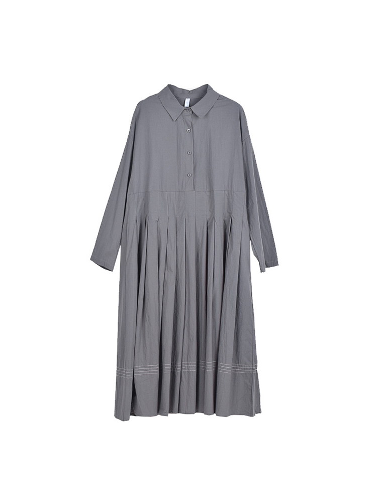 XITAO Large Sizer Pleated Shirt Dress Solid Color Loose Splicing Casual Turn-down Collar Spring Autumn New Long Sleeve WMD2012 alx