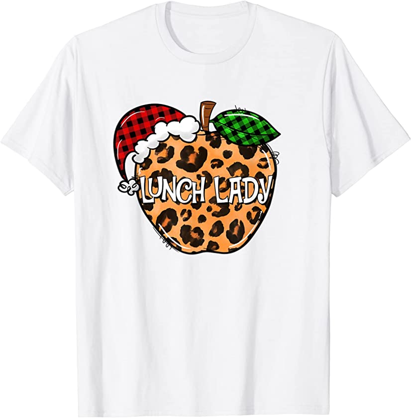 Christmas Pajama Lunch Lady Plaid Leopard Apple Santa Hat T-Shirt