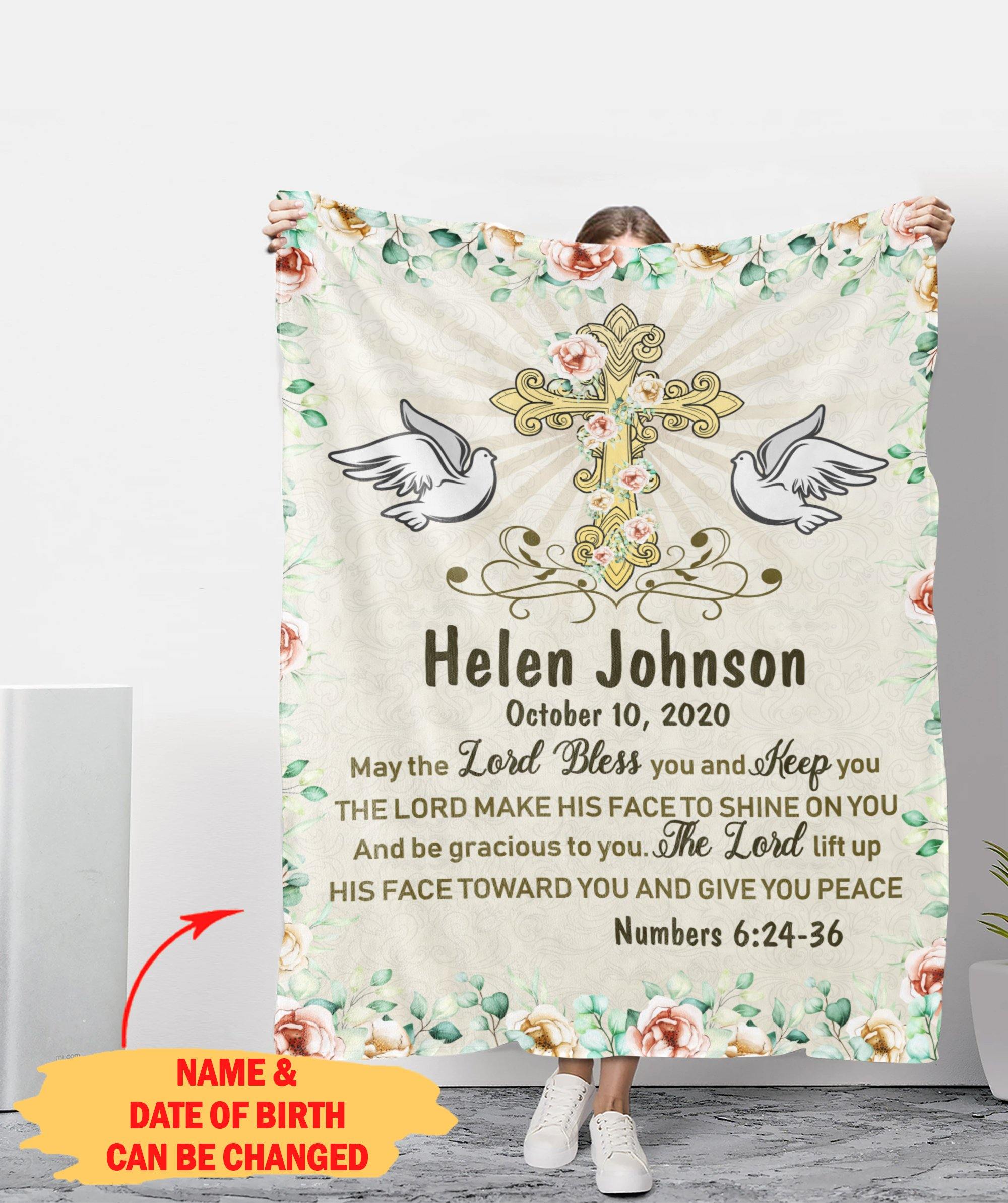 [Personalized Name & Date] The Lord Bless And Keep You – Gift For Home Decor Ket – Personalized Fleece Blan – Baptism Blanket