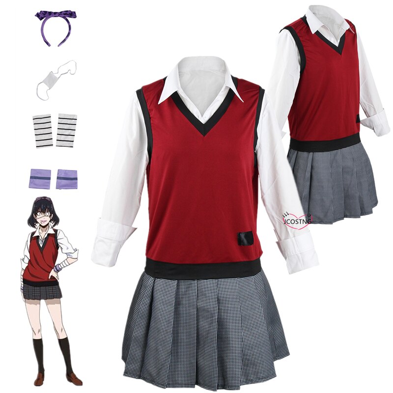 Anime Kakegurui Ikishima Midari Full Set Shirt Vest Skirt for Women Girl Halloween Party Cosplay Costume Birthday Gift with Wig alx