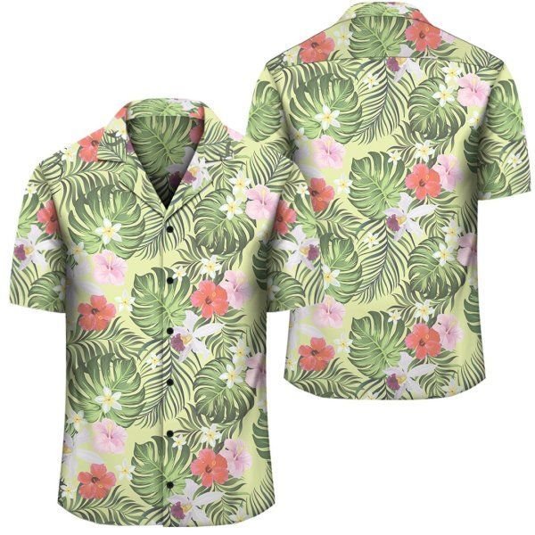 Tropical Hibiscus Plumeria Green Hawaiian Shirt 1