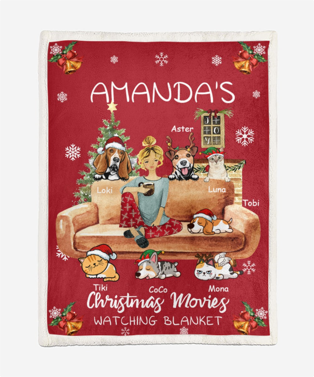 Custom Blanket/Quilt For Friends, Christmas Gifts With Custom Names, Pets – Up To 7 Pets/Dogs/Cats – Christmas Movies Watching Blanket – Furlidays