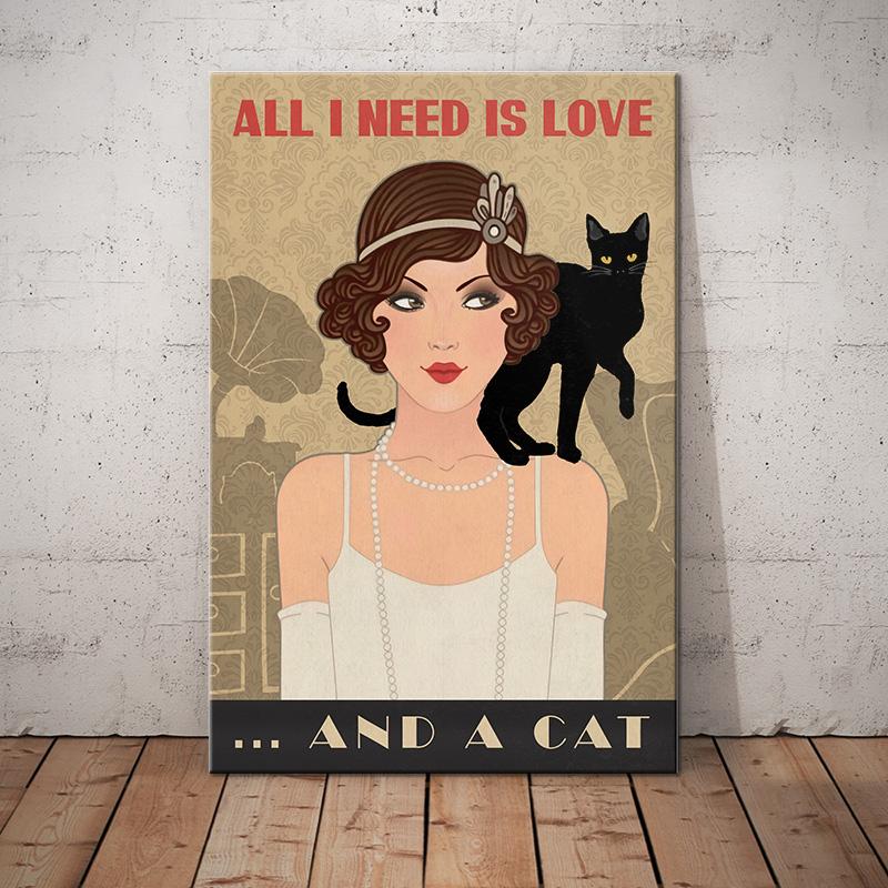 Black Cat Canvas And Poster All I Need Is Love And a Cat | Art Print | Home Decor | Room Decor | Wall Art