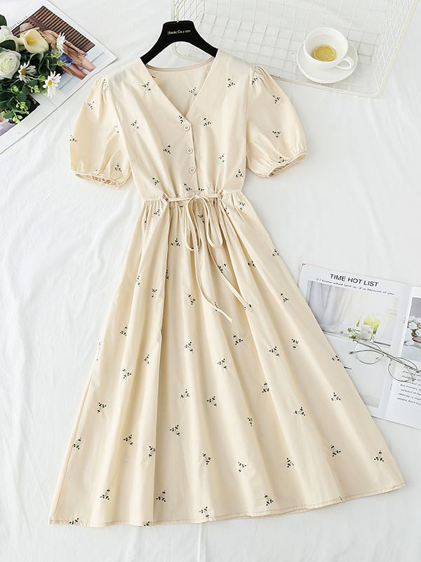 Blue Cotton Linen Dresses for Women Summer Clothing 2022 Casual Vintage V neck Embroidered Puff Sleeves A-line Midi Dress alx