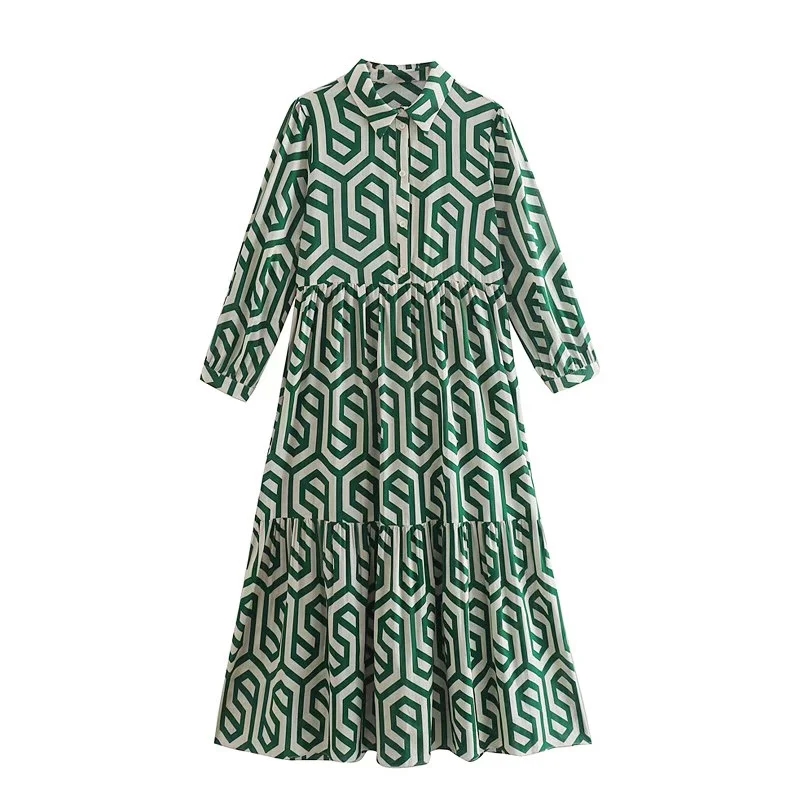 ZEVITY New Women Vintage Geometric Print Pleats Casual Slim Midi Shirt Dress Female Chic Pleats Ruffles A Line Vestido DS395 alx