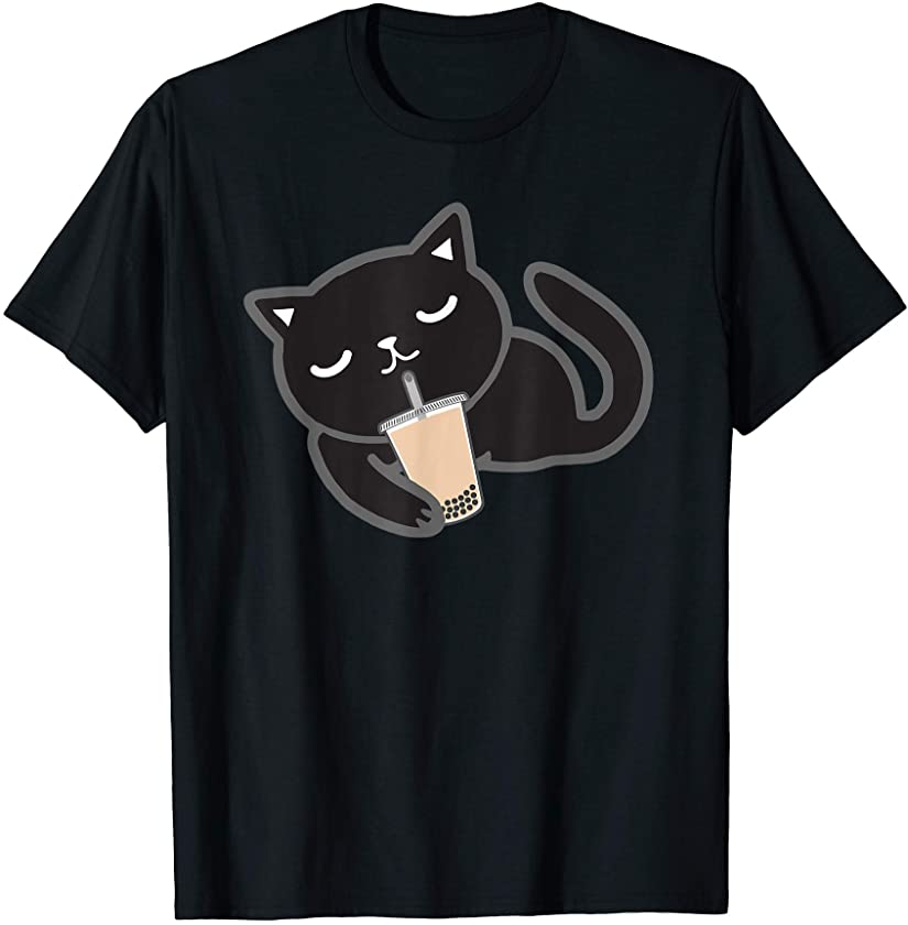 Cute Black Cat With Boba Bombay Kitten Bubble Milk Tea T-Shirt