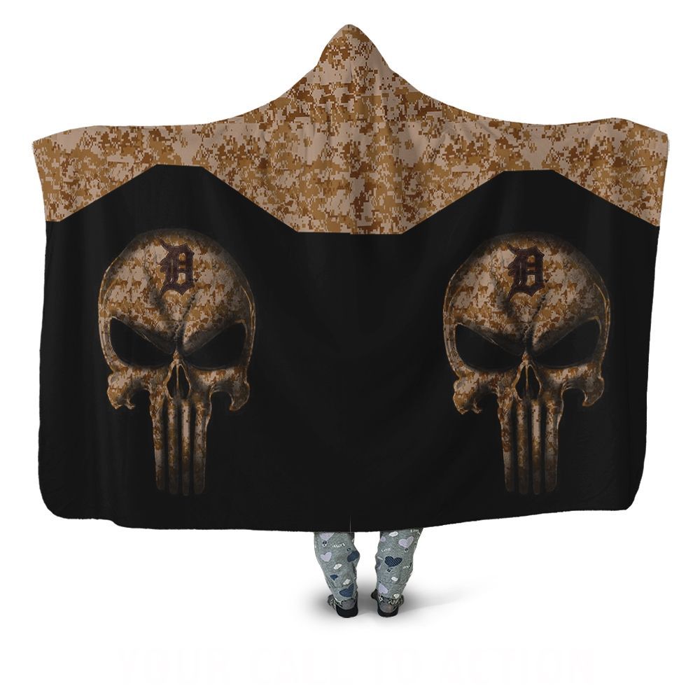 Camouflage Skull Detroit Tigers American Flag 3D Hooded Blanket