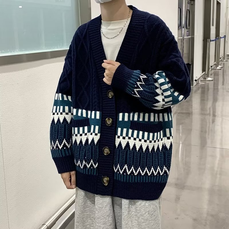 ZAZOMDE Harajuku Vintage Plaid Knitting Cardigan Sweater Men Oversized Checkerboard Jumper Black Cardigan Hip Hop Sweater Men alx