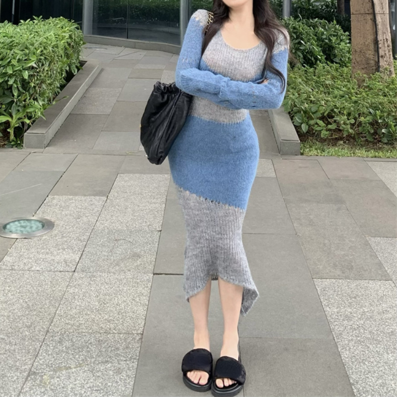 Y2k Hollow Long-sleeved Knitted Dresses Women Summer 2022 Korean Style Stitching Tight-fitting Mid-length Fishtail Dress alx