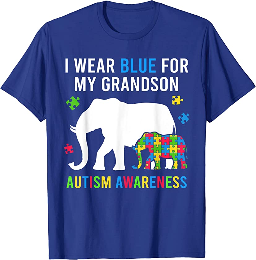 I Wear Blue For My Grandson Grandma Grandpa Autism Elephant T-Shirt