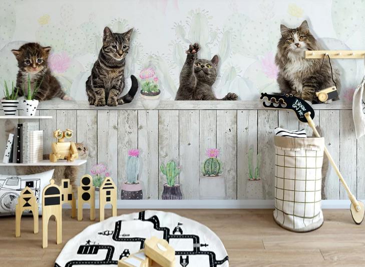 3D Hand Drawn Wood Board Animal Cat Wall Mural Wallpaper Lqh 430