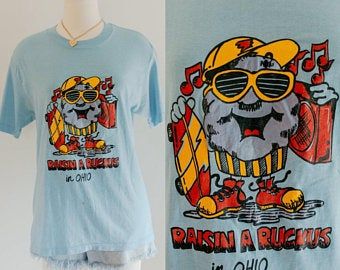 80s Californa Raisin Tee – M | Vintage Raisin A Ruckus In Ohio Vintage California Raisin Band T Shirt | Blue Paperthin Retro Distressed Tee 3315