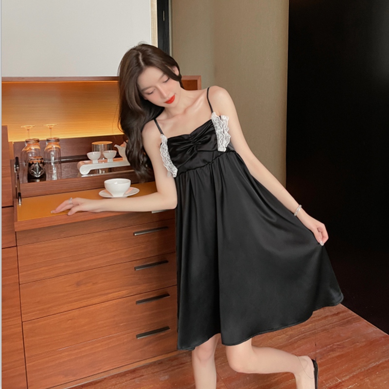 2022 Summer Sexy Spaghetti Strap Silk Satin Nightgowns for Women Cute Lace Bow Sleepwear Night Dress Nightdress Home Gown Nighty alx