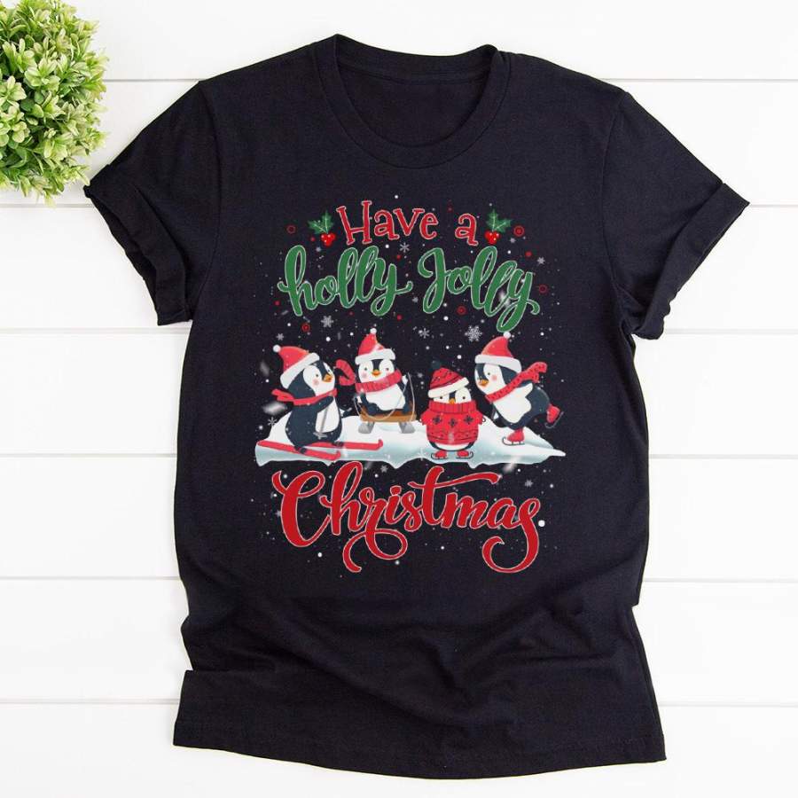 Penguin have a holly jolly christmas penguin lover santa claus merry xmas black cotton t shirt for men and women S-6XL