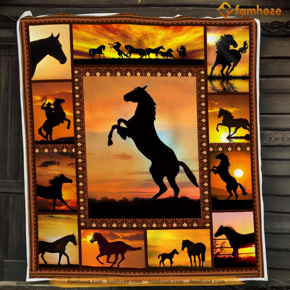 Rodeo Blanket, Strong Horse Sunset Riding Fleece Blanket – Sherpa Blanket Gift For Rodeo Lover