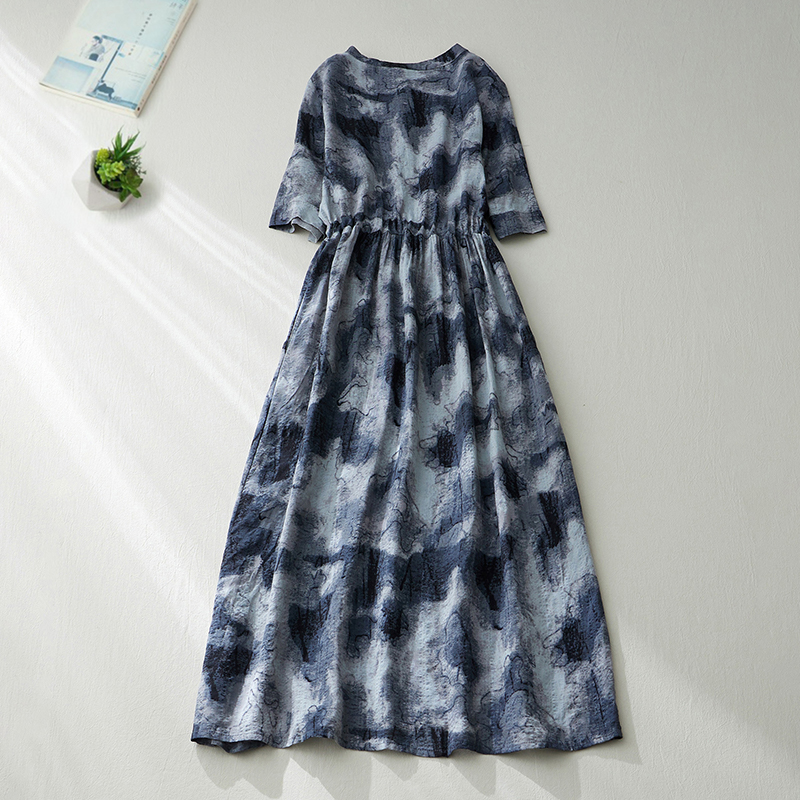 2022 New Arrival Stand Collar Tie Dye Print Loose Cozy Summer Dress Draw String Slim Office Lady Work Dress Women Casual Dress alx