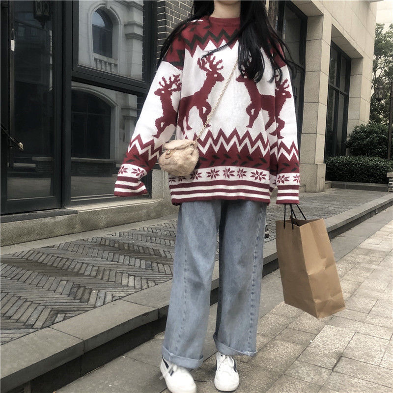 Sweaters Women Christmas Warm Knitted Long Sleeve Autumn New Pullovers Couple Chic Patchwork O-Neck College Japanese Style Ins alx