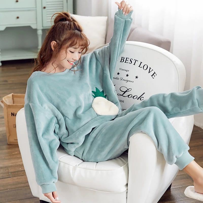 Women’s Pajamas Winter Plus Size Coral Velvet Long-sleeved Thick Flannel Cute Autumn Homewear Suit Women Set 2 Pieces Sleepwear alx