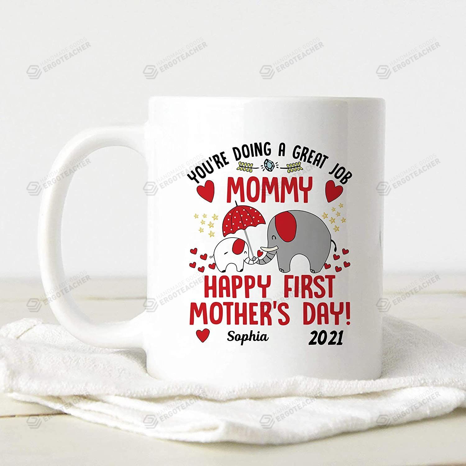 Personalized Happy 1st Mother’s Day Elephant Mug, Mommy You’re Doing A Great Job Mug – Gifts For New First Mom To Be From The Bump Baby 11-15 Oz