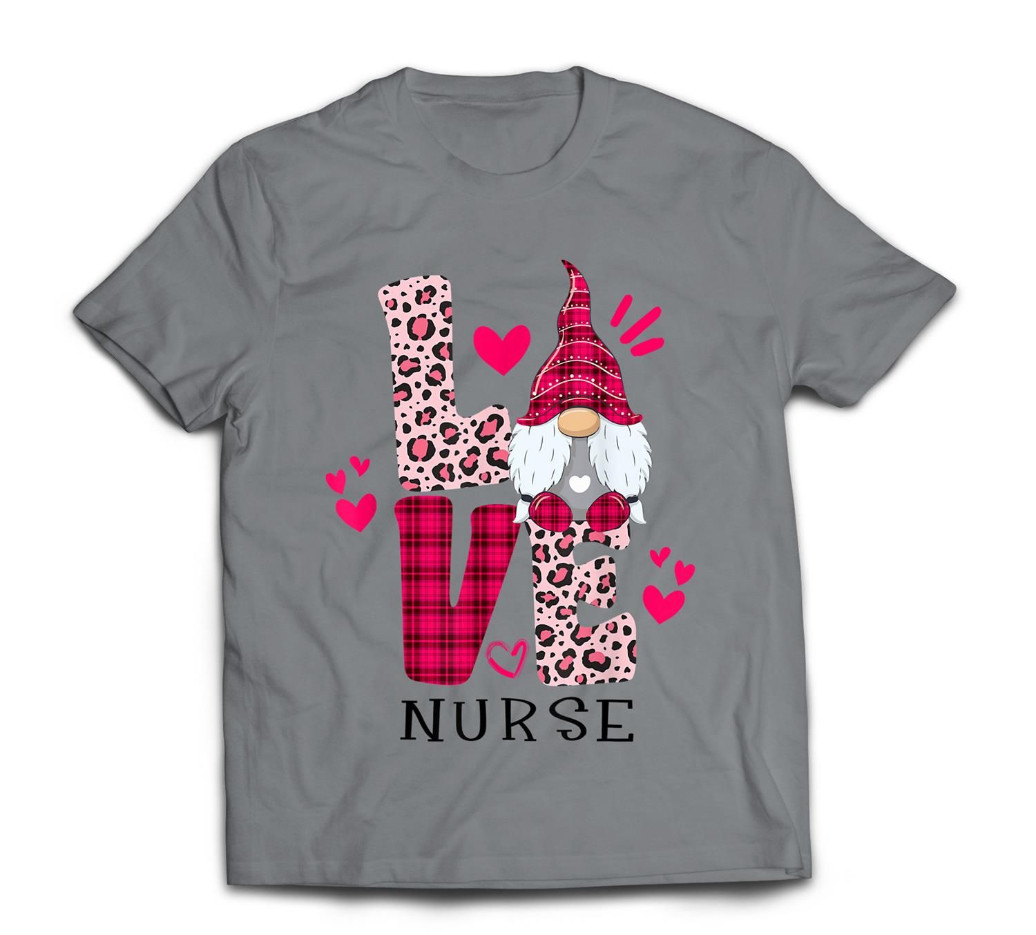 Nn Love Leopard Plaid Gnome Nurse Valentines Day Costume T-Shirt