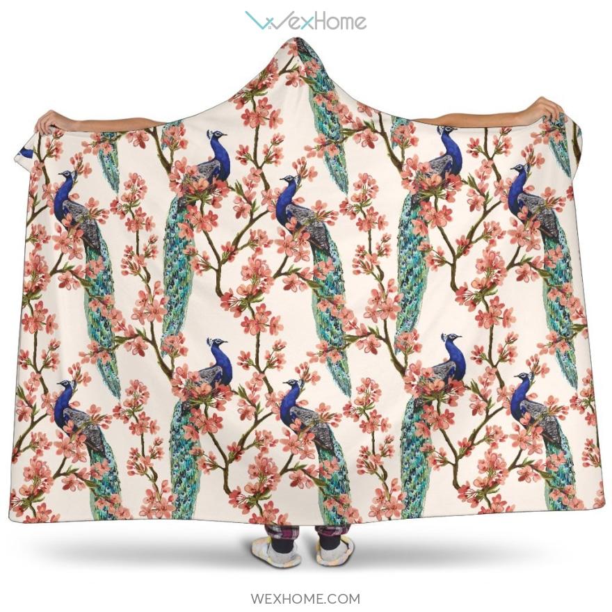 Peacock Tropical Flower Pattern Hooded Blanket