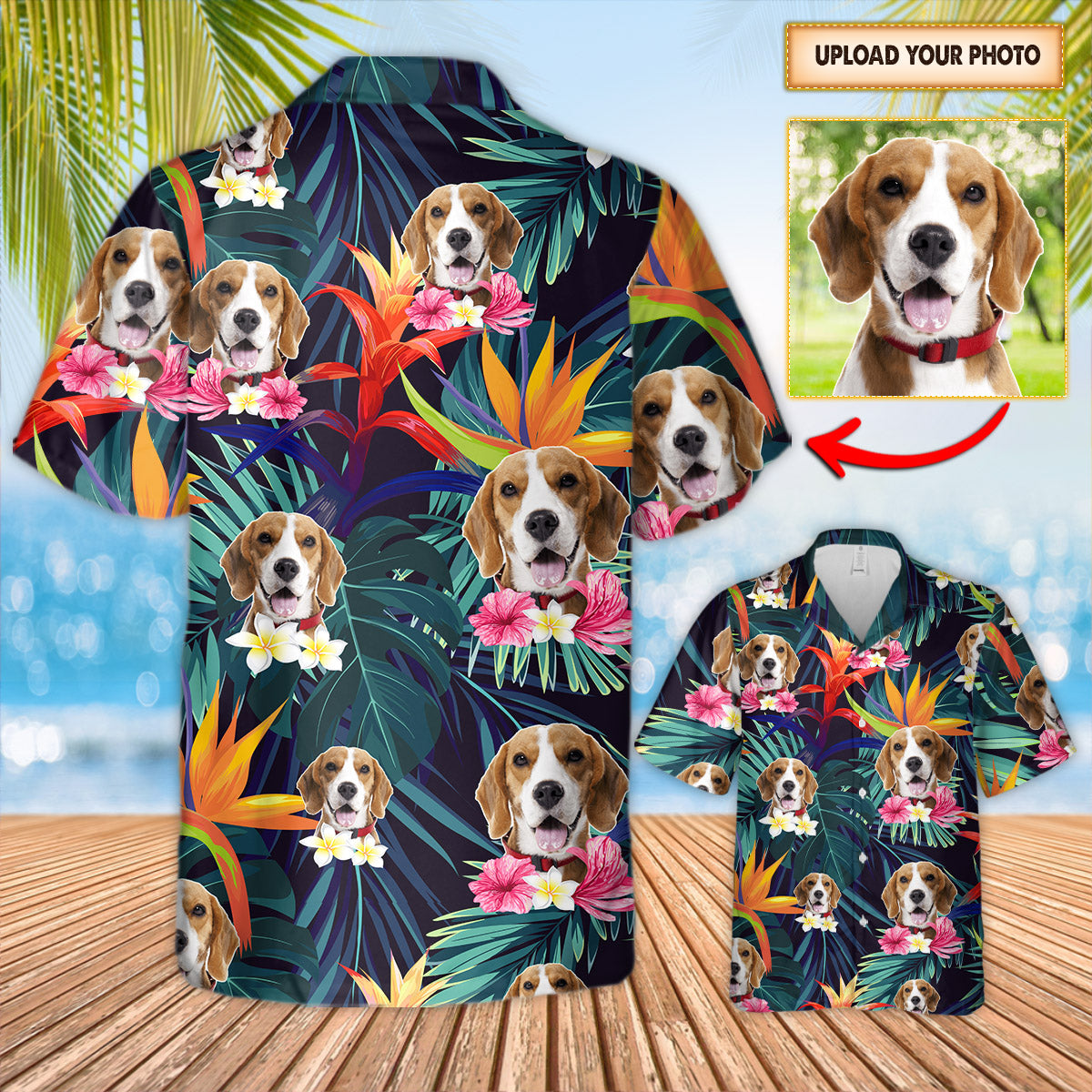 Personalized Love Beagles Tropical Background And Custom Photo 3D All Over Print Hawaiian Shirts For Beagle Lovers Ht95