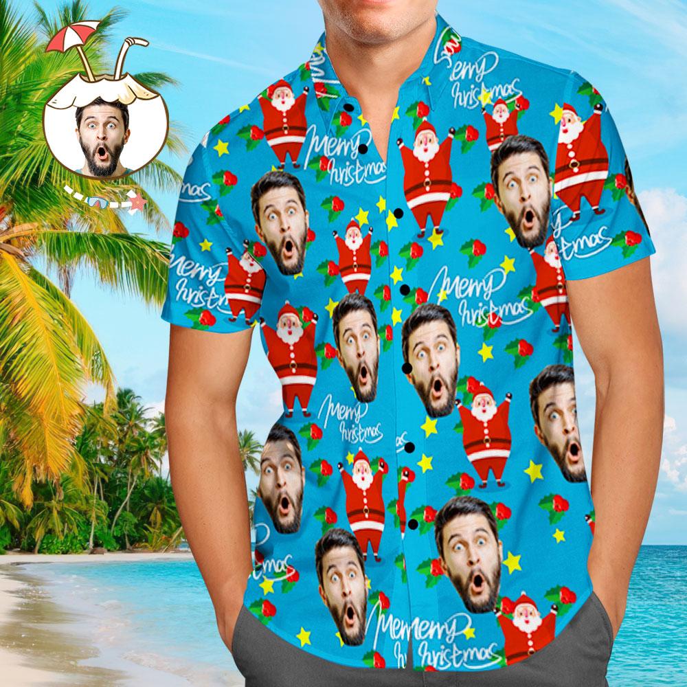 Custom Face Shirt Personalized Photo Men’S Hawaiian Shirt Christmas Gift – Happy Santa