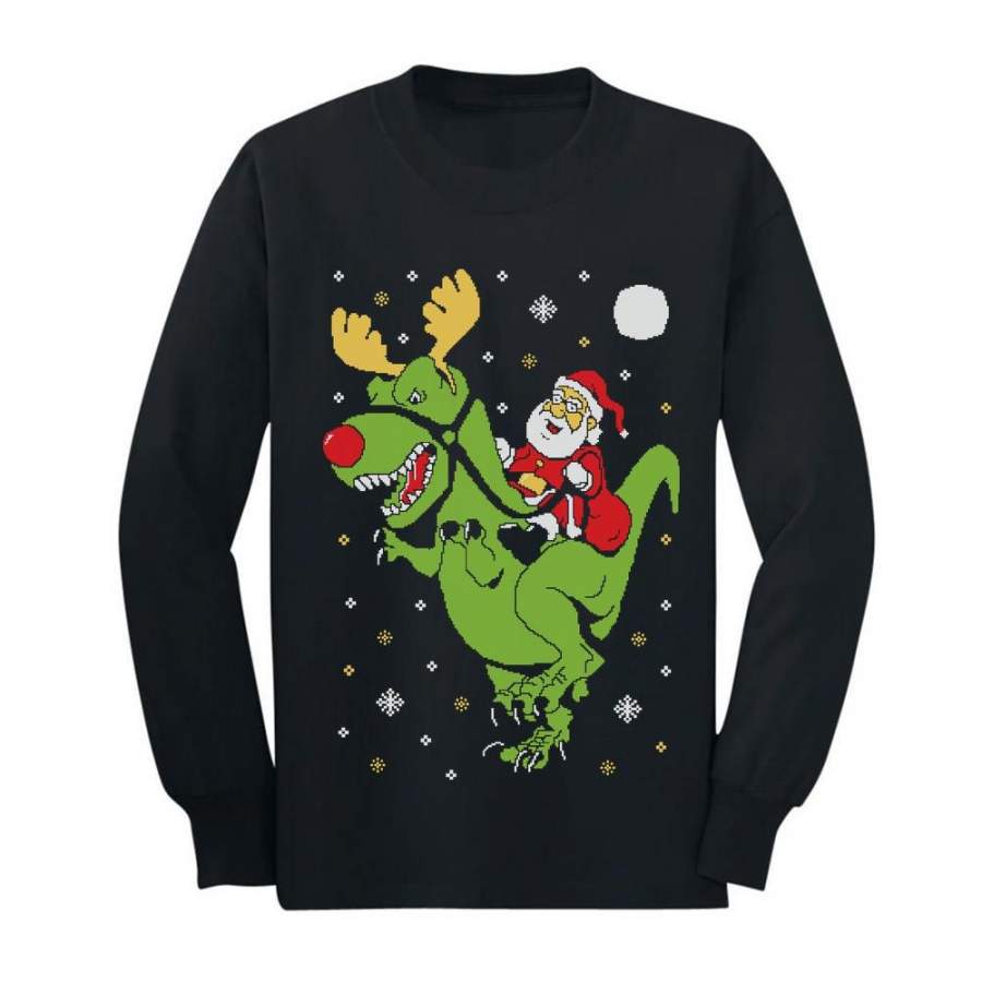 T-Rex Santa Ride Ugly Christmas Youth Kids Long Sleeve T-Shirt