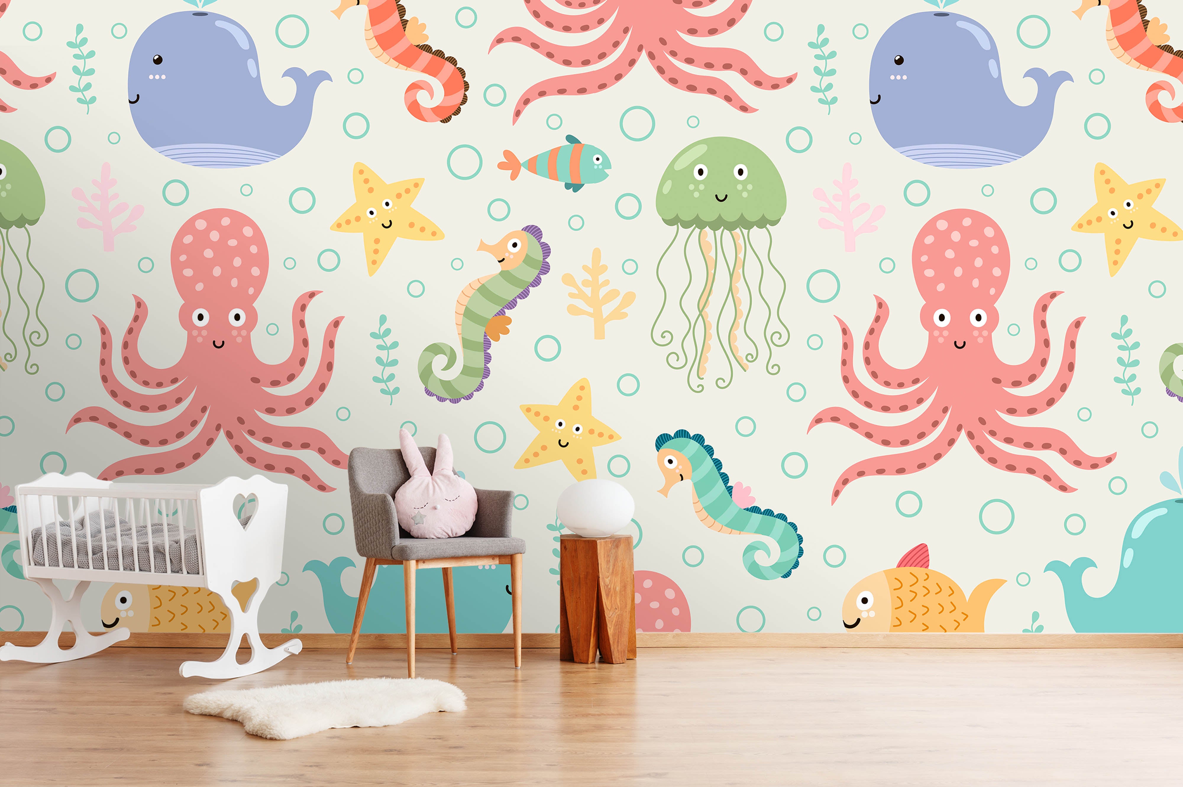 3D Whale Jellyfish Octopus Hippocampus Wall Mural Wallpaper 09