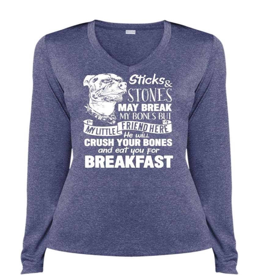 You For Breakfast T Shirt, Sticks And Stones May Break T Shirt, Cool Shirt (Ladies LS Heather V-Neck)