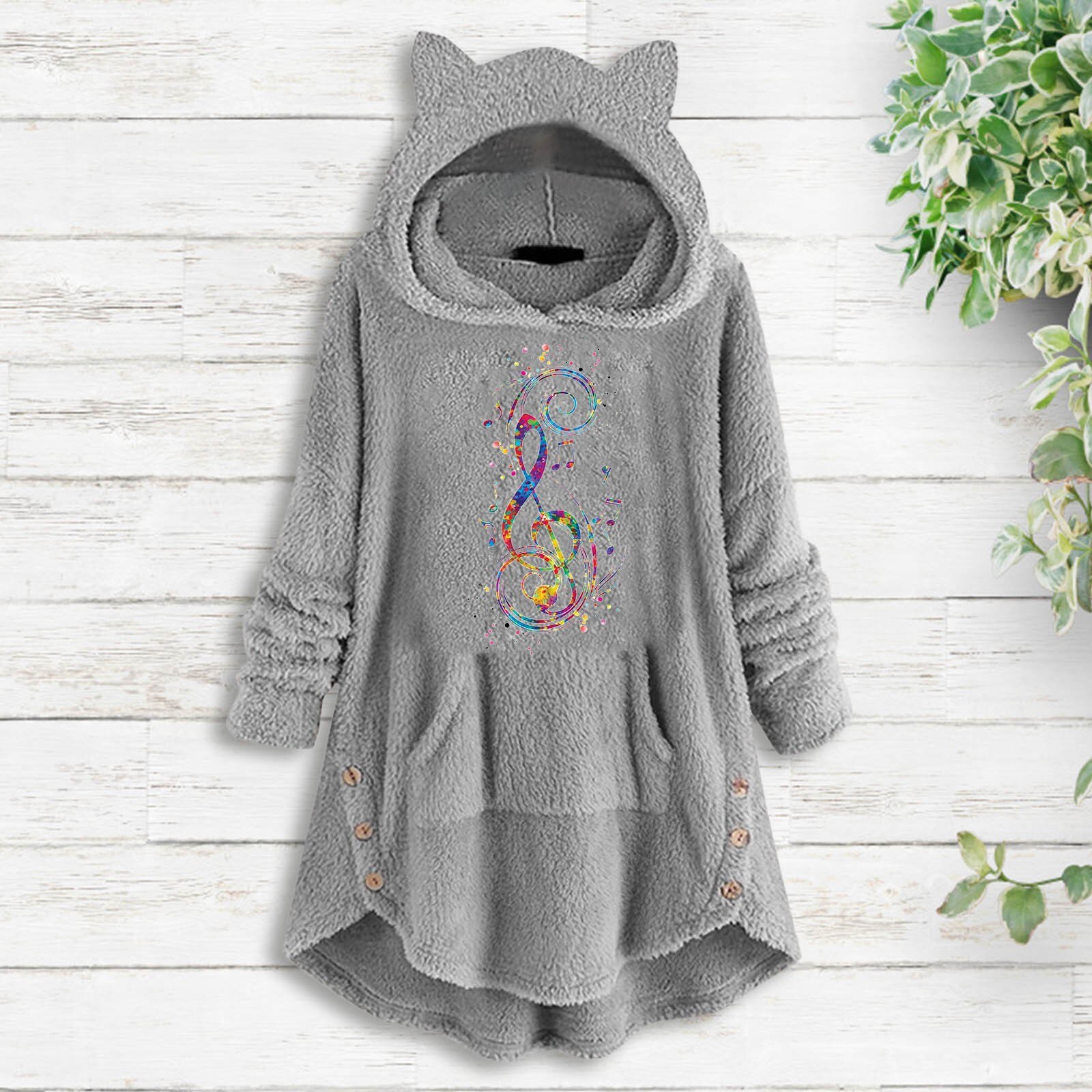 Women Casual Sweatshirt Half Snap Pullover Warm Comfortable Loose Fleece Warm Hooded Top Long Sleeve Cute Print Pocket Women alx