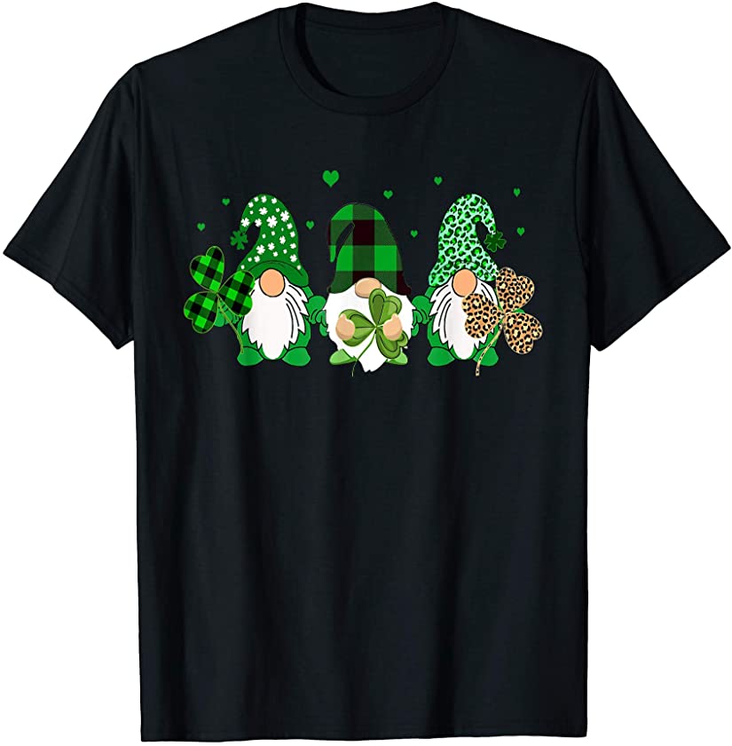 Three Gnomes Holding Shamrock Leopard Plaid St Patrick’s Day T-Shirt