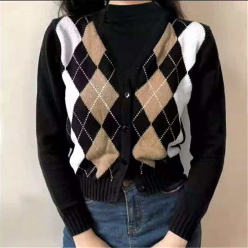 Vintage Geometric Rhombic Cardigan Sweater Women Autumn Warm Long Sleeve Outerwear 2022 Elegant V-Neck Chic Knit Tops alx