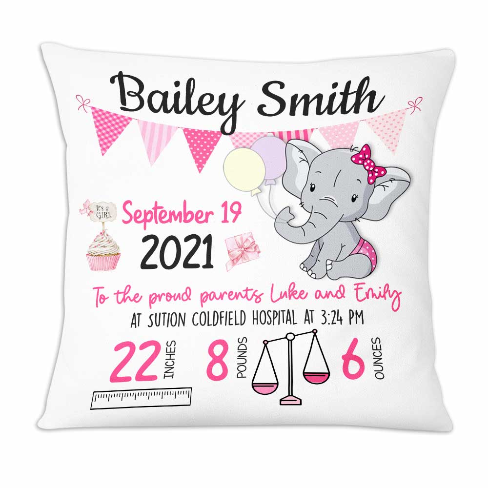 Personalized Elephant Baby Birth Announcement Pillow Db61 87O47