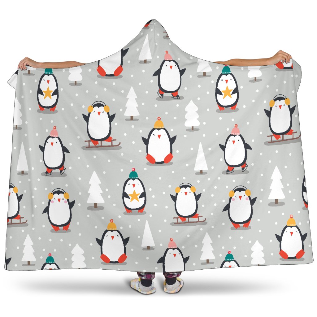 Cute Penguin Christmas Pattern Hooded Blanket