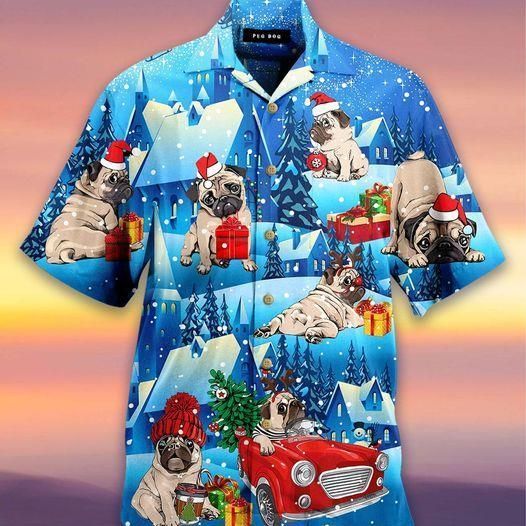 Get Here So Cute Santa Pug Snowy Blue Hawaii Aloha Shirts Ha89638