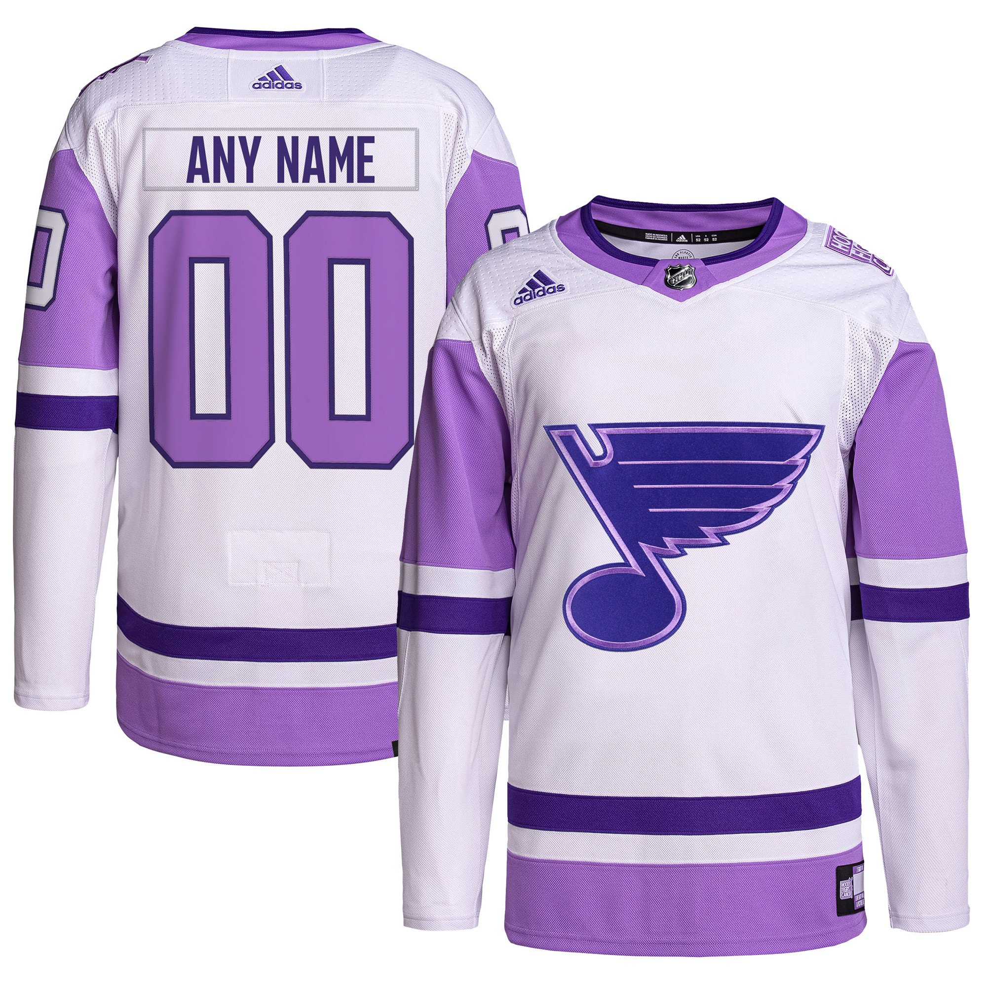 Men's St. Louis Blues adidas White/Purple Hockey Fights Cancer Primegreen Authentic Custom Jersey