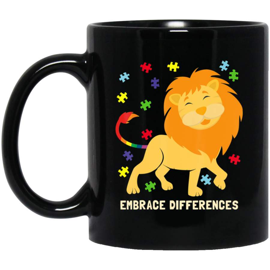 Autism Awareness Cute Lion Puzzle Pieces Rainbow Tail 11oz 15oz Black Mug Idea 2nd April Puzzle Ribbon Support Autism Dad Mom Kids Autistic